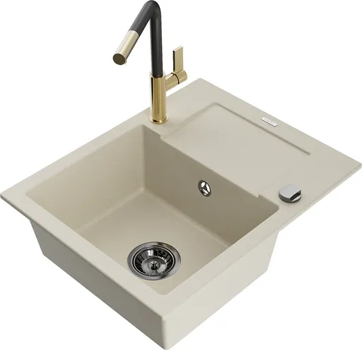 MEXEN/S MEXEN/S - Enzo granitový drez 1-miska s odkvapkávačom vrátane batérie Flora, béžová 6506-69-670401-57-B