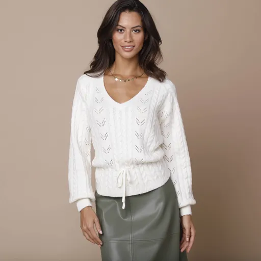 Ažúrový pulóver s výstrihom do V a vrkočovým vzorom