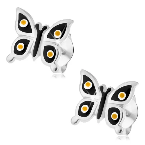 Puzetové náušnice, striebro 925, lesklý čierny motýlik, žlté a biele bodky