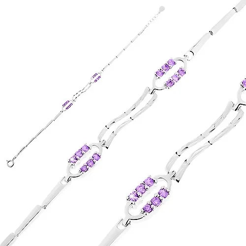 Strieborný 925 náramok, kontúry oválov a obdĺžnika so zárezmi, fialové zirkóniky
