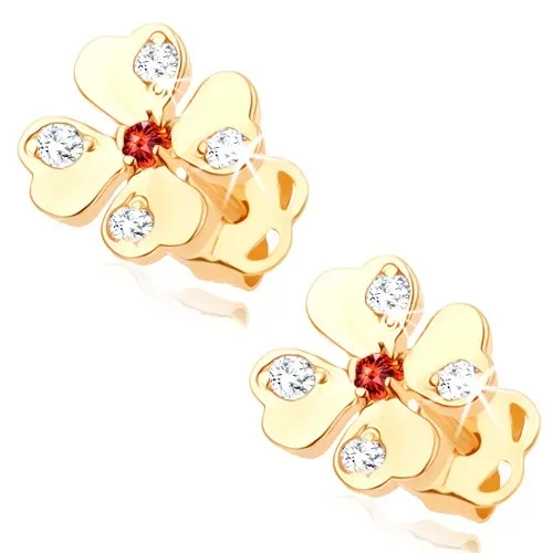 Zlaté náušnice 14K štvorlístok s červeným a čírymi zirkónmi