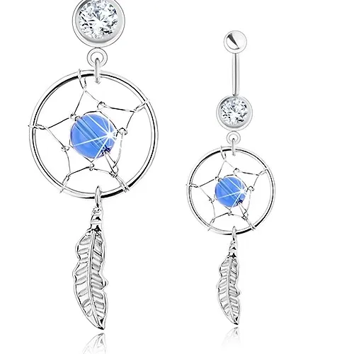 Piercing do bruška, chirurgická oceľ, lapač snov, číry zirkón, modrá korálka