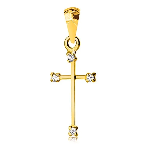 Prívesok zo žltého 14K zlata - krížik s úzkymi ramenami a čírymi zirkónmi