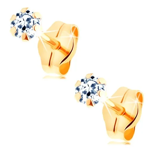 Náušnice zo žltého 14K zlata - číry zirkónik uchytený šiestimi paličkami, 3 mm