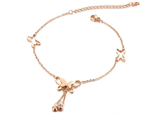 Oceľový náramok na členok alebo zápästie - kontúra motýľov, číre zirkóny na retiazke, medená farba