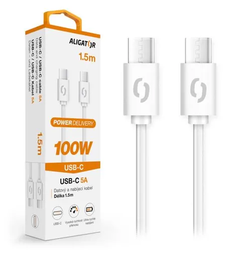 Dátový kábel ALIGATOR POWER 100W, USB-C/USB-C 5A, 1,5m biely