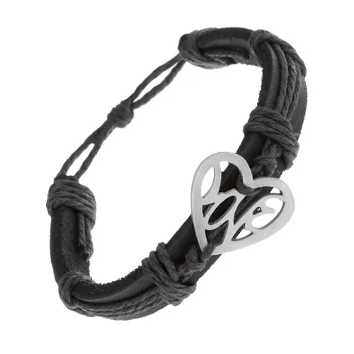 Čierny náramok zo syntetickej kože a šnúrok, vyrezávané srdce