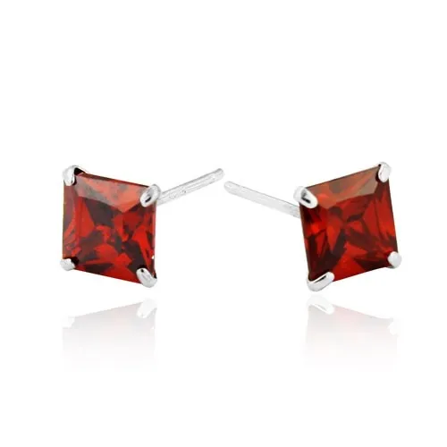 Náušnice zo striebra 925 - červené zirkónové štvorce, 6 mm