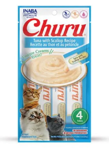 Maškrta pre mačky Inaba Churu Pyré cat Tuniak s hrebenatkou 4tuby 56g