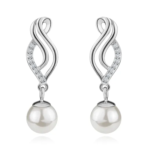 Strieborné náušnice 925, zvlnený obrys listu, biela guľatá perla, puzetky