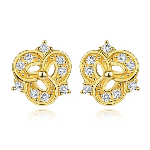 Puzetové náušnice v žltom zlate 585 - kvet s tromi lupeňmi, číre zirkóny