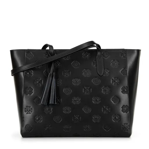 Dámska shopperka z kože so vzorom (sygnatúrou) čierno-zlatá 100-4E-611-1G