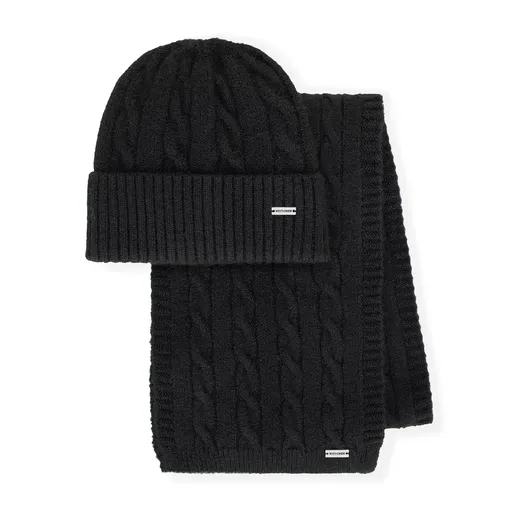 Dámsky zimný set – čierna čiapka a šál s vrkočovým vzorom 101-SF-020-1