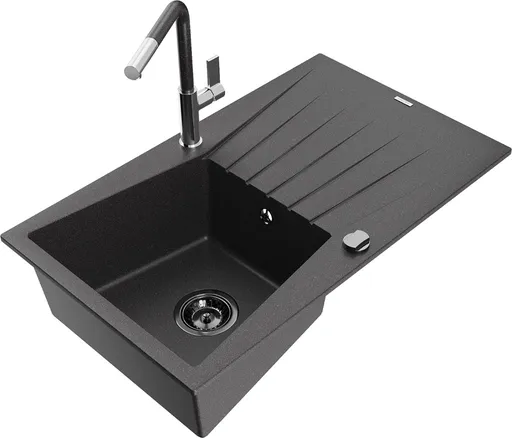 MEXEN/S MEXEN/S - Cesar granitový drez 1-miska s odkvapkávačom vrátane batérie Flora, čierna kropenatá 6514-76-670401-08-B