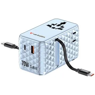 Verbatim 30187, Univerzálny cestovný adaptér Charge ,n, Travel 1x USB-C, 1X USB-A + 2x integrovaný kábel USB-C, modrá, 70 W