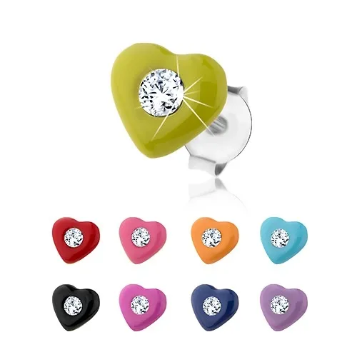 Puzetové náušnice zo striebra 925, glazúrované srdiečko, Swarovského krištáľ - Farba: Červená