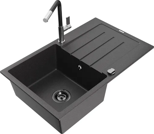 MEXEN/S MEXEN/S - Bruno granitový drez 1 s odkvapkávačom vrátane batérie Flora, čierna kropenatá 6513-76-670401-07-B