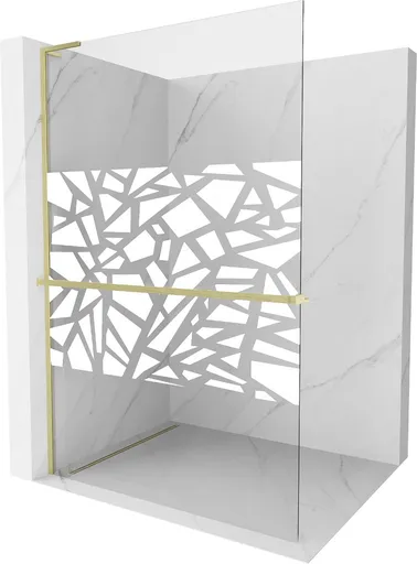 MEXEN/S - Kioto+ L Sprchová zástena WALK-IN s poličkou a držiakom uterákov 100 x 200, biely vzor, zlatá kartáčovaná 800-100-123-55-85