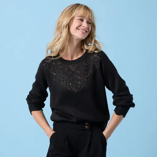 Pulóver s ažúrovým vzorom, pre nižšiu postavu