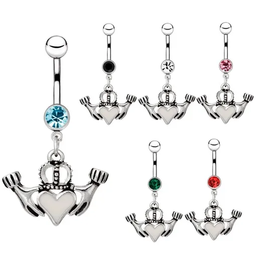 Piercing do pupku z ocele - ruky držiace srdce s korunou - Farba zirkónu: Aqua modrá - Q