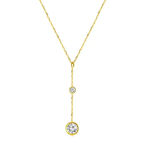 Náhrdelník v žltom 14K zlate - dva ligotavé zirkóny čírej farby v lesklej objímke
