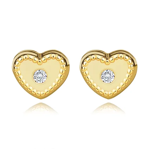 Náušnice zo žltého 375 zlata - srdce s čírym zirkónom a vrúbkovaným okrajom