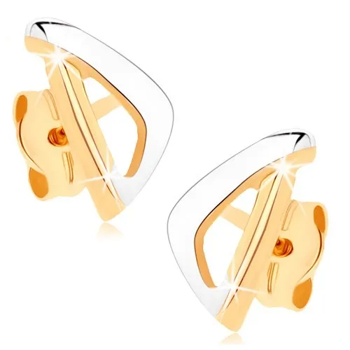 Zlaté náušnice 9K asymetrický trojuholník v dvojfarebnom prevedení