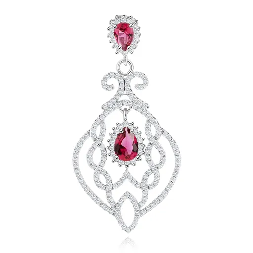 Strieborný prívesok 925, lístok s filigránovým zdobením, číre a červené zirkóny