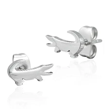 Oceľové náušnice striebornej farby, drobný lesklý krokodíl, puzetky