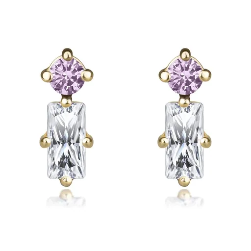 Náušnice zo žltého 585 zlata - ružový a číry zirkón, puzetky