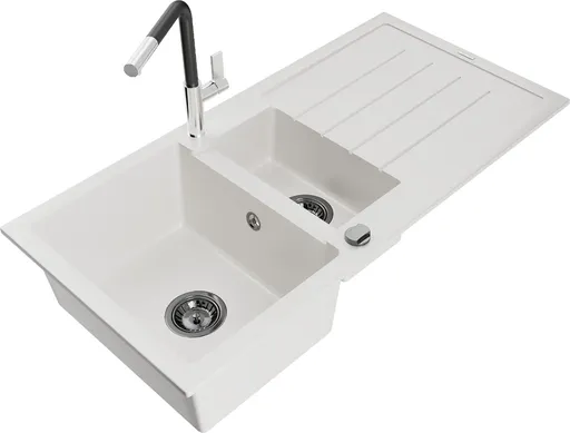 MEXEN/S MEXEN/S - Andres granitový drez s odkvapkávačom vrátane batérie Flora, biela 6515-20-670401-07-B