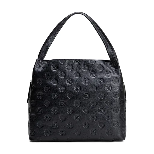 Dámska kabelka typu vak z kože s monogramom čierno-strieborná 100-4E-625-1S