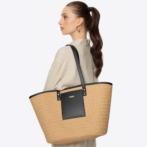 Dámsky tkaný papierový slamený košík béžovo-čierny 100-4Y-904-91