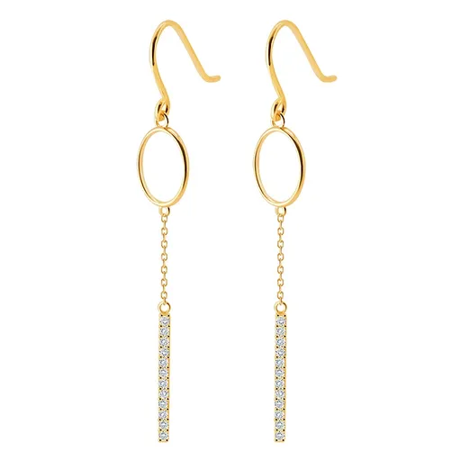 Visiace náušnice v žltom 14K zlate - oválne očko, číry zirkónový pásik