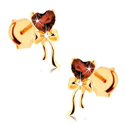 Zlaté náušnice 14K s granátovým srdcom a lesklou mašľou