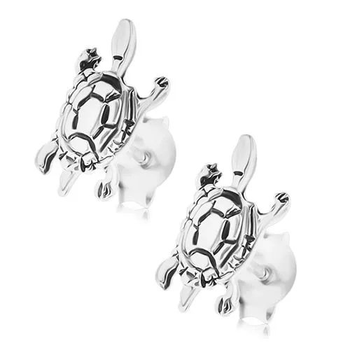 Náušnice zo striebra 925, patinovaná korytnačka, puzetky