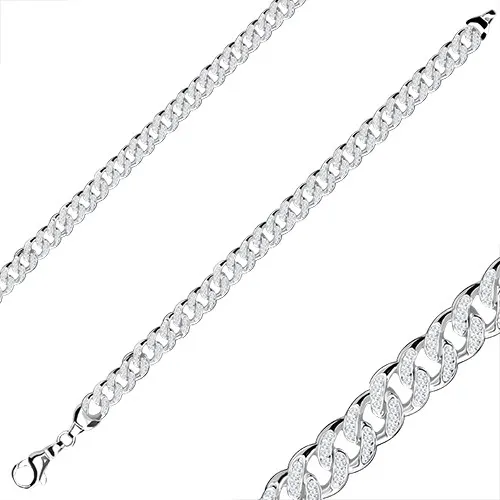 Náramok zo striebra 925 - oválne očká so zirkónmi, lesklý povrch, karabínka