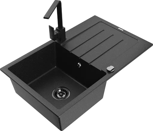 MEXEN/S MEXEN/S - Bruno granitový drez 1-miska s odkvapkávačom vrátane batérie Rita, čierny/strieborný metalik 6513-73-670300-70-B