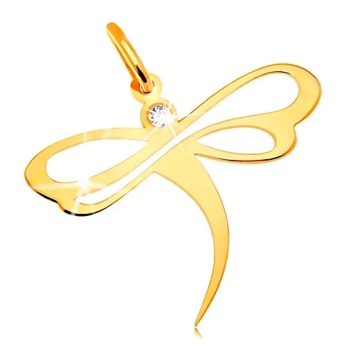 Diamantový prívesok v žltom 14K zlate - vážka s briliantom a výrezmi