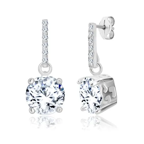 Strieborné náušnice 925 - zirkónová línia a trblietavý zirkón, srdiečkové výrezy