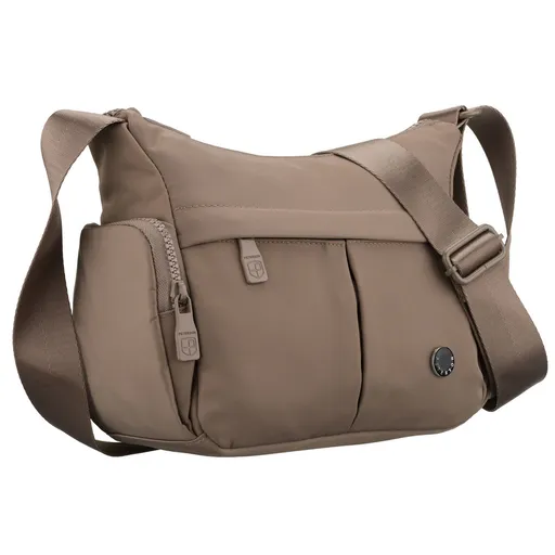 Dámska béžová mestská crossbody kabelka z polyesteru, dvojkomorová so širokým popruhom