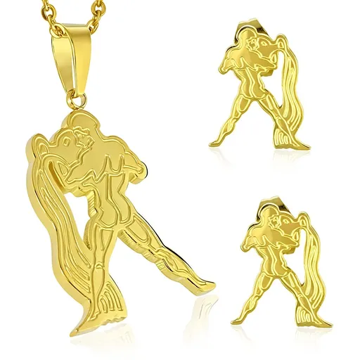 Oceľový set zlatej farby - prívesok a puzetové náušnice, znamenie VODNÁR