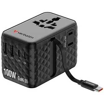 Verbatim 30191, Univerzálny cestovný adaptér Charge ,n, Travel 2x USB-C, 2X USB-A + 1x integrovaný kábel USB-C, čierná, 100 W