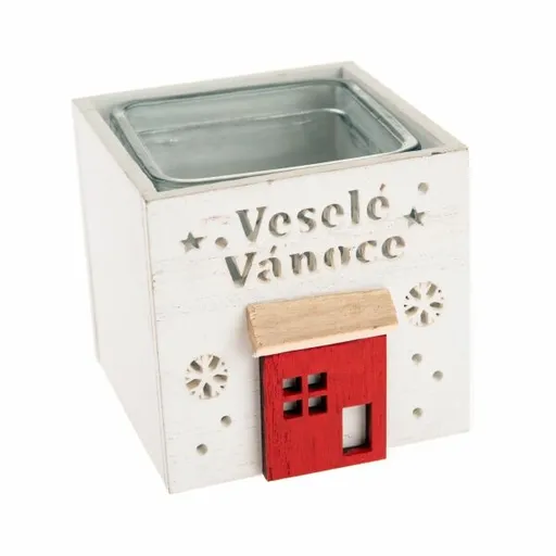 Drevený svietnik so sklom Veselé Vianoce, 9 x 8,5 cm, biela
