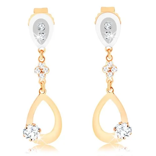 Náušnice z kombinovaného 9K zlata v tvare slzy so zirkónmi