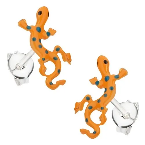 Strieborné náušnice 925, jašterička s oranžovou glazúrou a modrými bodkami