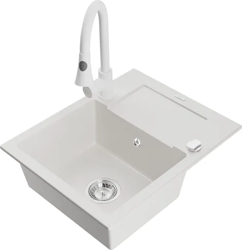 MEXEN/S MEXEN/S - Enzo granitový drez 1 s odkvapkávačom vrátane batérie Elia, biela 6506-20-670101-20