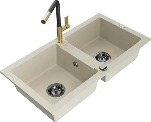 MEXEN/S MEXEN/S - Mario granitový drez 2-bowl vrátane batérie Flora, béžová 6504-69-670401-57-B
