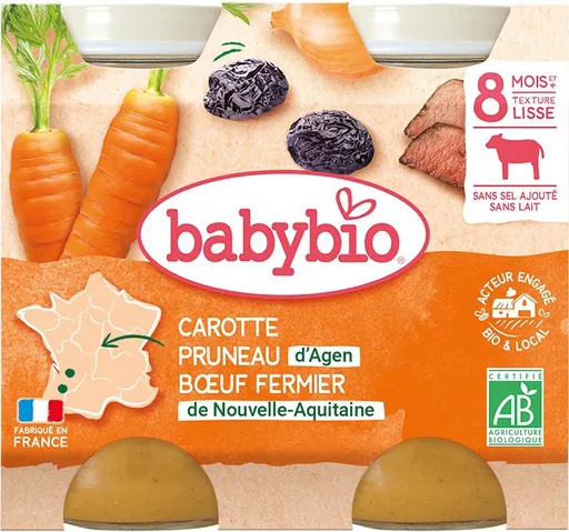 BABYBIO, Mrkva a suš. slivky s hovädzím mäsom, 2× 200 g (3288131510651)