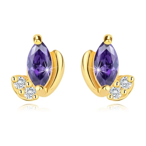 Náušnice v žltom zlate 585 - kvietok s fialovým a čírym zirkónom, puzetky